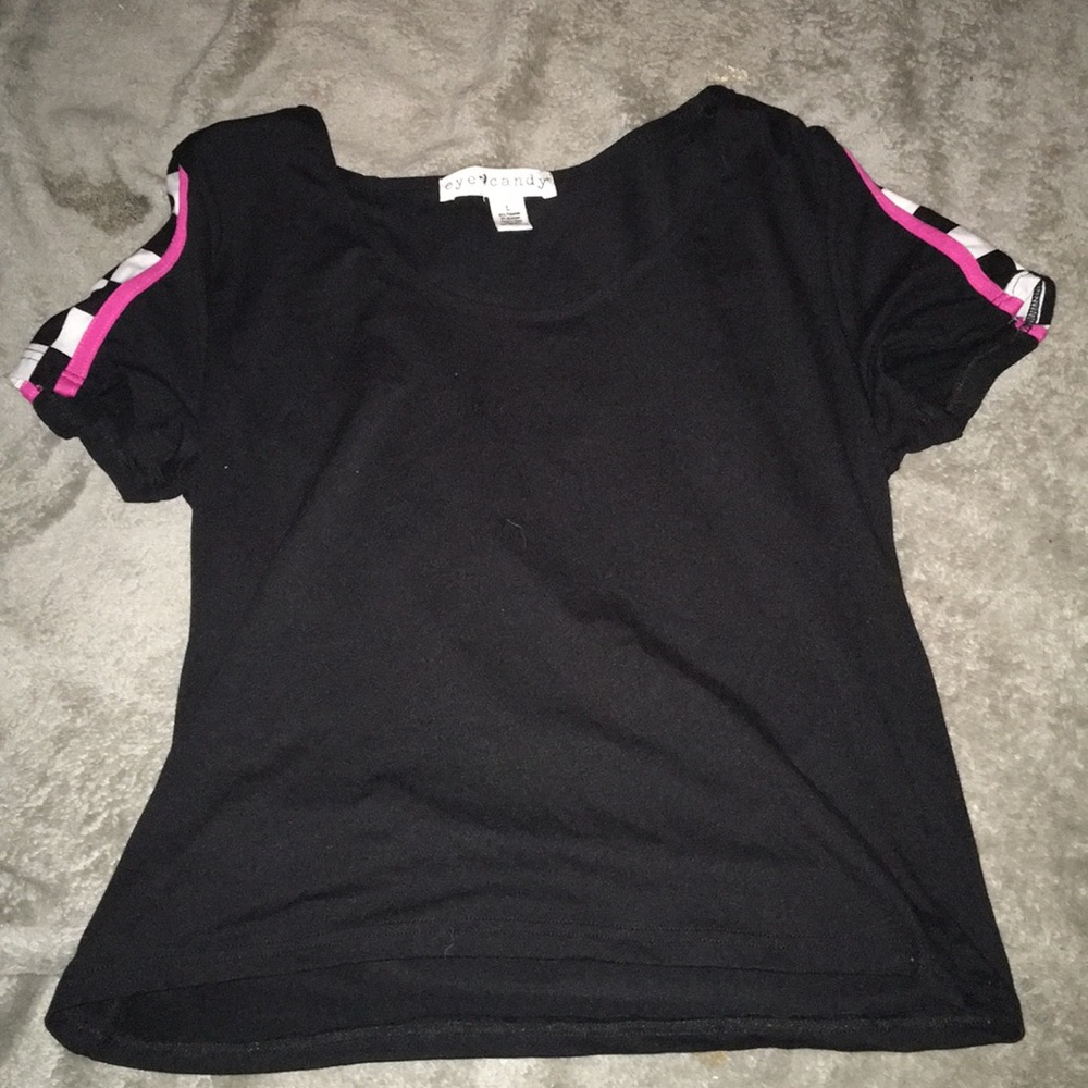 black shirt with pink striped and checkers